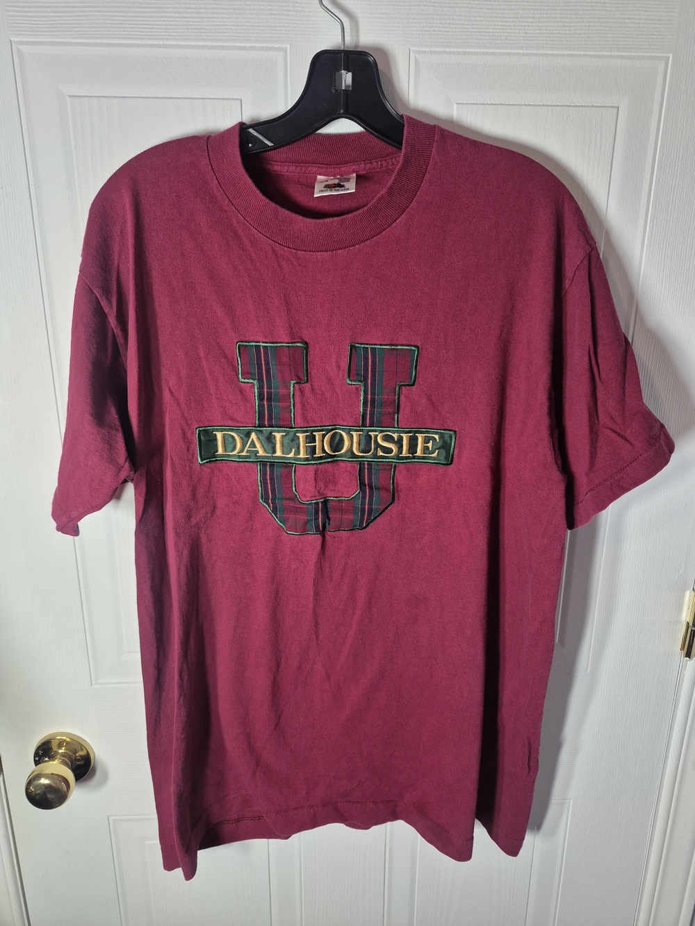 Vintage 90s Dalhousie University T Shirt Large L Maroon Plaid Tartan - Canada